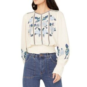 Embroidered Cream and Blue Women's Top